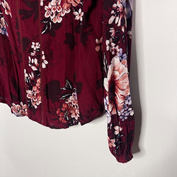 Francescas Hem & Thread M Burgundy Red Floral Keyhole Tie Long Sleeve Blouse Top - Picture 3 of 8